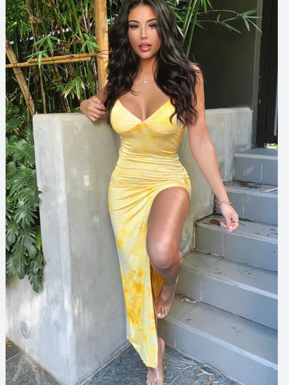 Festival Romantic Yellow Tie-Dye High-Low Slip Dress